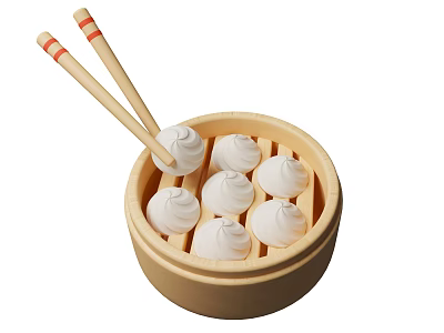 Steamed Buns In Bamboo Steamer With Chopsticks 3d model