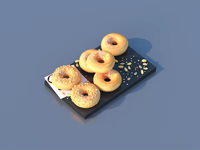 Fresh Donuts Placed on Black Tray with Almond Pieces as Daily Living Essentials 3d model