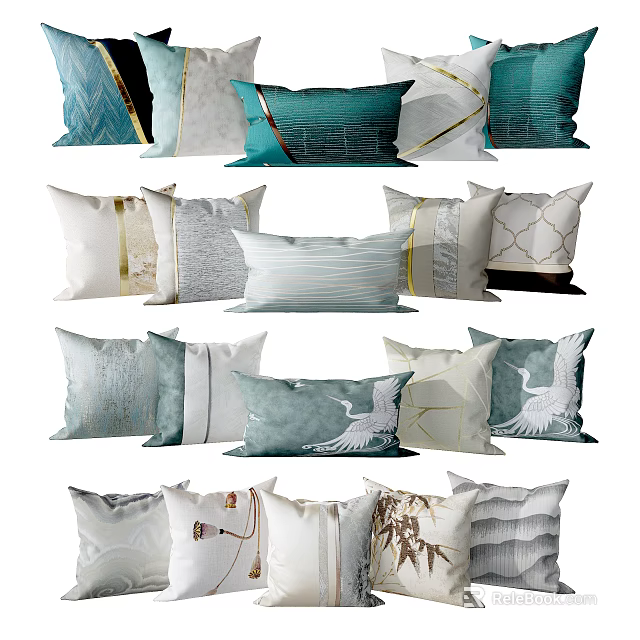 Various Soft Colorful Decorative Throw Pillows With Striped Geometric And Bird Patterns 3d model