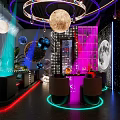 Modern Stylish Bar Interior With Neon Lights Circular Decor Moon Chandelier And Colorful Seating
