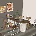 Elegant Dining Table Set With Oval Wooden Top White Legs Four Chairs And Decorative Paintings