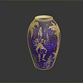Blue Vase With Golden Carved Human Figure And Palm Tree Designs
