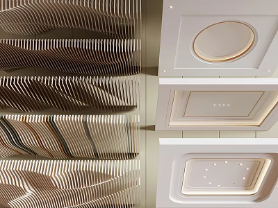 Stylish Modern Ceiling Design With Wave Patterns Circular Lights And Square Frames 3d model