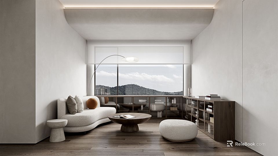 Modern Minimalist Lounge Room Interior With Curved Sofa Wooden Coffee Table And Mountain View 3d model 