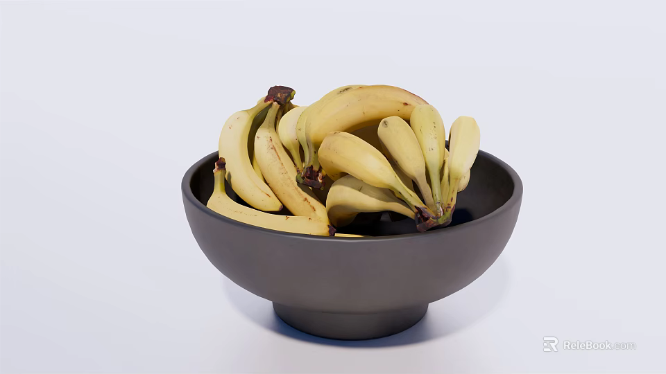 Fresh Ripe Yellow Bananas Placed in Black Ceramic Bowl on White Surface 3d model 