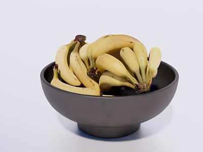 Fresh Ripe Yellow Bananas Placed in Black Ceramic Bowl on White Surface 3d model