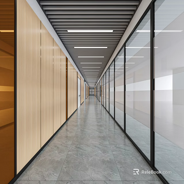 Modern Hotel Corridor With Wooden Walls Glass Partitions And Gray Flooring 3d model 