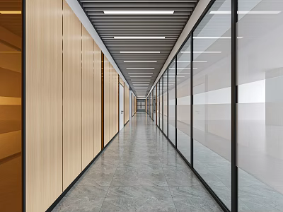 Modern Hotel Corridor With Wooden Walls Glass Partitions And Gray Flooring 3d model