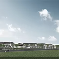 Modern Townhouses Exterior With Green Lawn Trees Distant Mountains And Blue Sky