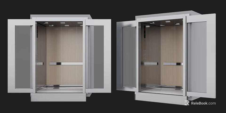 Elevator With Open Doors Featuring Wooden Interior Panels And Metal Accents 3d model 