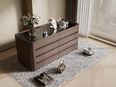 Elegant Modern Console Cabinet With Glass Top Drawers Vase Decorations And Rug 3d model