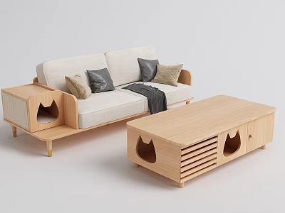Modern Wooden Coffee Table With Cat Ear Design Storage And Sofa In Living Room 3d model
