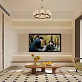 Modern Open Dining and Living Room With Beige Sofa Rug Artwork Chandelier And Herringbone Flooring