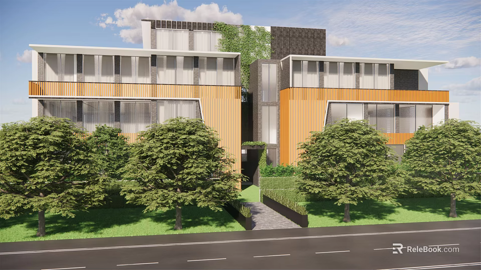 Modern Detached Villa With Orange Wooden Panels Large Glass Windows Surrounding Green Trees And Lawn 3d model 