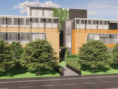 Modern Detached Villa With Orange Wooden Panels Large Glass Windows Surrounding Green Trees And Lawn 3d model