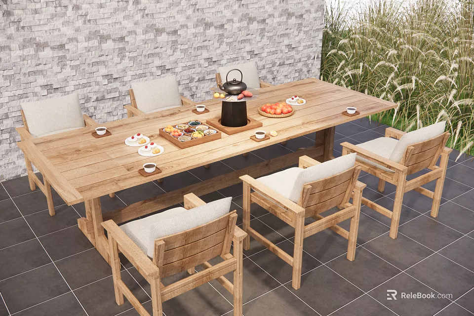Wooden Outdoor Table with Chairs Cushions Tea Set and Fruits by Brick Wall Greenery 3d model 
