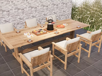 Wooden Outdoor Table with Chairs Cushions Tea Set and Fruits by Brick Wall Greenery 3d model