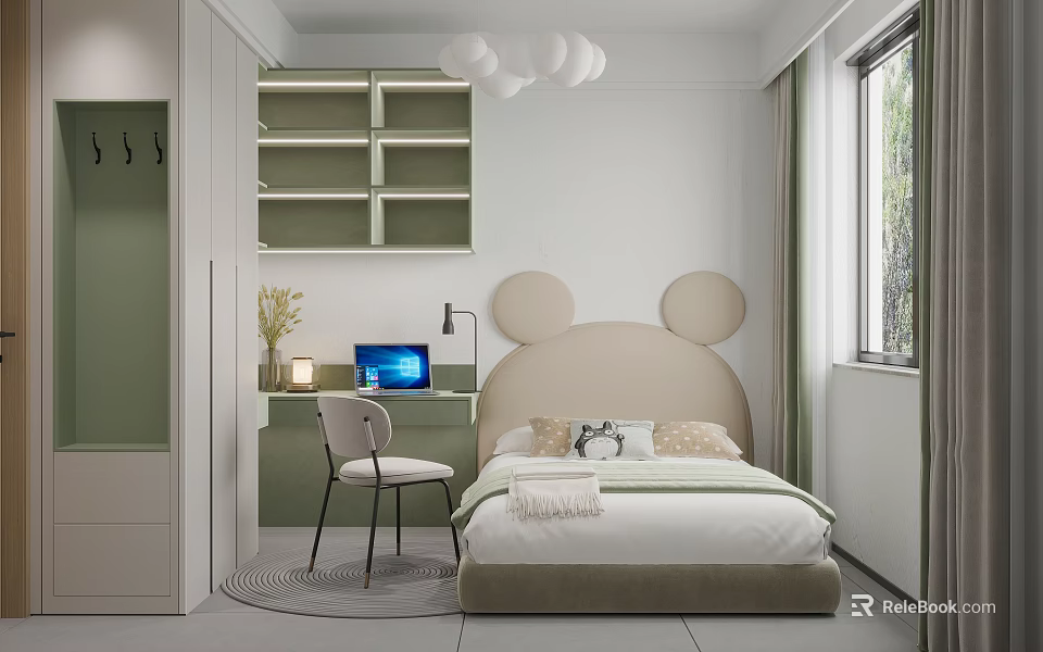 Modern Kids Bedroom With Mickey Mouse Headboard And Study Desk 3d model 
