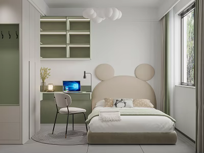 Modern Kids Bedroom With Mickey Mouse Headboard And Study Desk 3d model