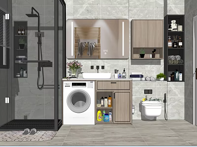 Modern Bathroom Cabinet Rack With Sink Washing Machine Mirror Toilet And Toiletries 3d model