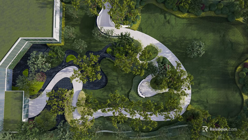 Elegant Garden Landscape Design with Winding Paths Green Lawns Lush Trees and Water Features 3d model 