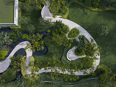 Elegant Garden Landscape Design with Winding Paths Green Lawns Lush Trees and Water Features 3d model