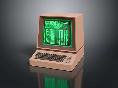 Brown Vintage Computer With Green Screen Displaying Code And Keyboard 3d model