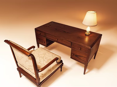 Classic Wooden Desk with Drawers Upholstered Chair and Table Lamp 3d model