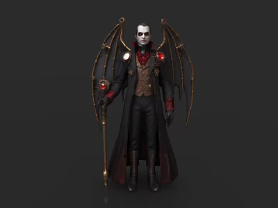 Gothic Fantasy Character In Black Coat With Ornate Golden Wings And Staff 3d model