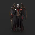 Gothic Fantasy Character In Black Coat With Ornate Golden Wings And Staff