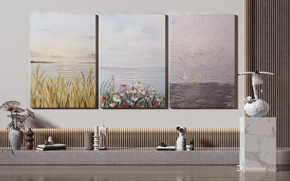 Three Panel Wall Art Featuring Wheat Field Flower Lake And Sea Scenery 3d model 