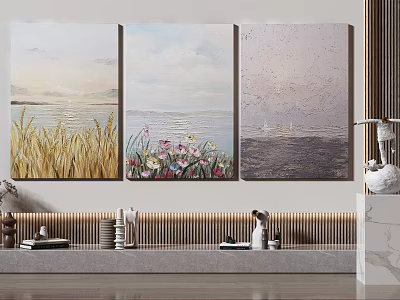 Three Panel Wall Art Featuring Wheat Field Flower Lake And Sea Scenery 3d model
