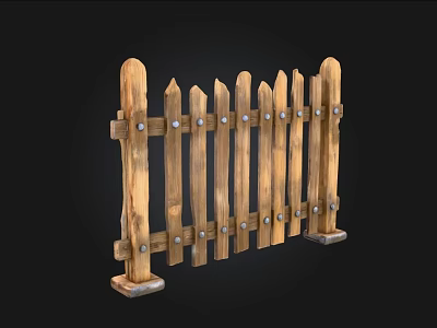 Wooden Fence Structure With Pointed Top Slats And Metal Bolts On Base Posts 3d model