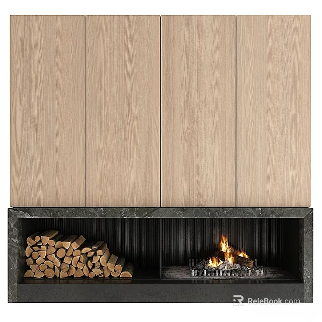Modern Fireplace Design With Stacked Firewood Burning Flames And Wooden Panels 3d model 