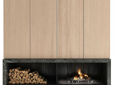 Modern Fireplace Design With Stacked Firewood Burning Flames And Wooden Panels 3d model