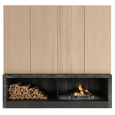 Modern Fireplace Design With Stacked Firewood Burning Flames And Wooden Panels 3d model