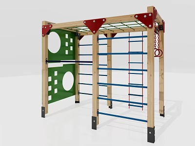 Outdoor Playground Wooden Climbing Structure with Green Hole Panels Blue Red Poles and Ring 3d model
