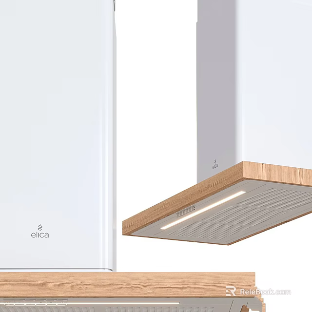 Elica Modern Kitchen Appliances Featuring White Refrigerator And Wooden Trim Range Hood 3d model 