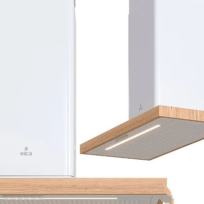 Elica Modern Kitchen Appliances Featuring White Refrigerator And Wooden Trim Range Hood 3d model