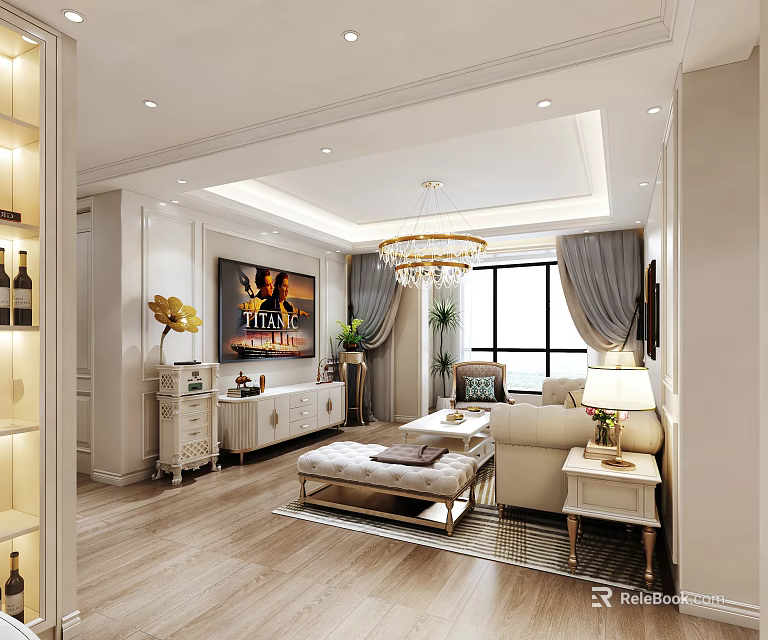 Bright Light Luxury Living And Dining Room Interior Design With Comfortable Sofas And Gorgeous Chandelier 3d model 