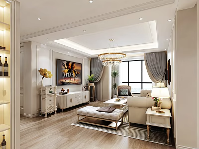 Bright Light Luxury Living And Dining Room Interior Design With Comfortable Sofas And Gorgeous Chandelier 3d model