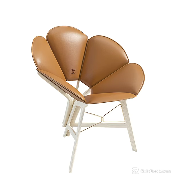Stylish Brown Leather Leisure Chair With Petal Shaped Backrest And White Frame 3d model 