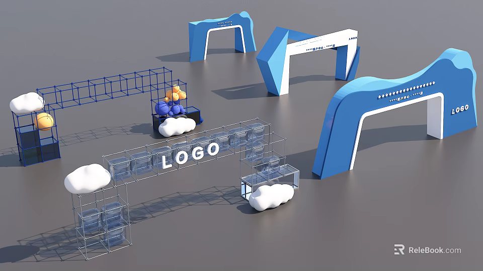 Blue And White Event Gateway With Branded LOGO Cloud Decorations And Frame Structure 3d model