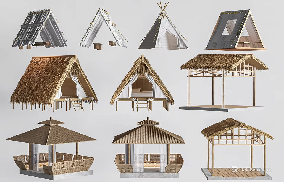 Various Traditional Building Models Featuring Different Roof Styles Thatch And Wooden Structures 3d model 
