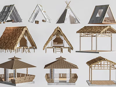 Various Traditional Building Models Featuring Different Roof Styles Thatch And Wooden Structures 3d model