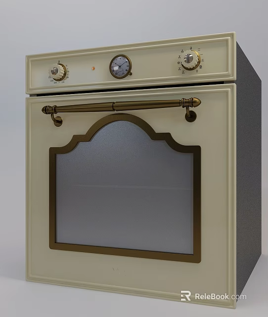 Vintage Cream Colored Kitchen Oven With Gold Accents Knobs Gauge Glass Door And Metal Handle 3d model 