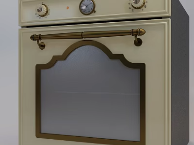 Vintage Cream Colored Kitchen Oven With Gold Accents Knobs Gauge Glass Door And Metal Handle 3d model