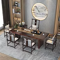 Chinese Style Wooden Tea Table and Chairs with Tea Set Decorative Painting and Bookshelf