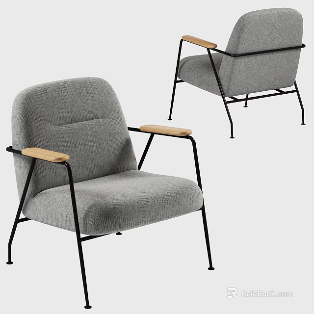 Modern Single Seater Sofa With Gray Fabric Wooden Armrests And Black Metal Frame 3d model 