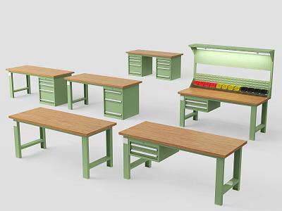 Functional Work Tables With Green Frames Wooden Tops Drawers And Tool Storage 3d model
